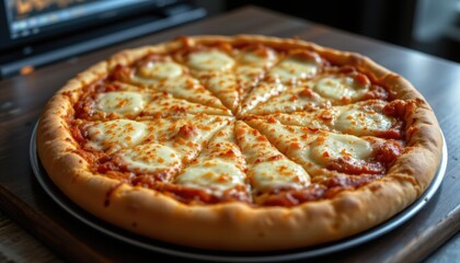 high tech delicious pizza with lots of melted cheese the image features a pizza, freshly baked with lots of melted cheese on top, created using technology