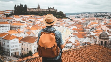 Traveler with Backpack Studying City Map on Rooftop