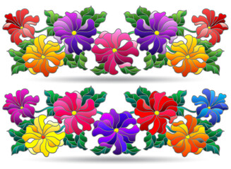 A set of contour illustrations in the style of stained glass with compositions of petunia flowers, flowers isolated on a white background