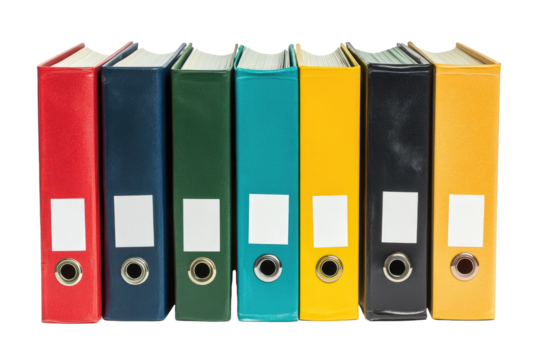 Colorful Office Ring Binders for Document Storage and Organization Isolated on Transparent Background