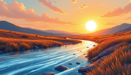 create an illustration of an abstract stream under a midday sun, the stream should be depicted using big data and ai technology