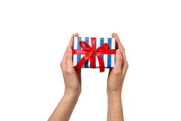 4 July concept, hands holding gift box, isolated on white, PNG