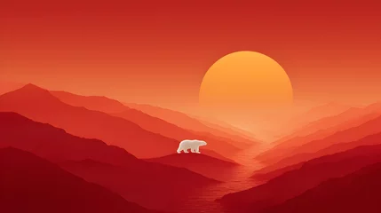 Fototapeten A solitary polar bear stands on a red mountain ridge at sunset overlooking a valley and river. © sirisak