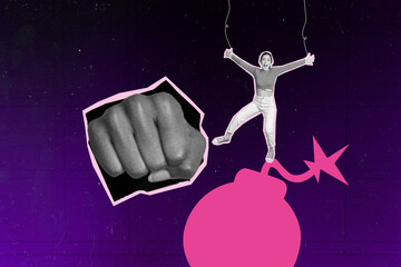 Composite trendy magazine photo collage of dissatisfied girl hand rope scream fist hand damage...