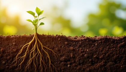 create a close up illustration of plant roots growing underground in a cross section of soil, position the roots on the left side of the image under morning radiance