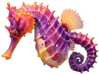 Obraz premium A vibrant purple and orange seahorse gracefully curls its body against a clean white background showcasing intricate details.