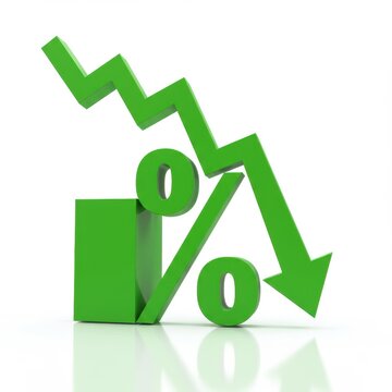 Green percentage sign with downward arrow isolated on white background. use cases: finance, business.