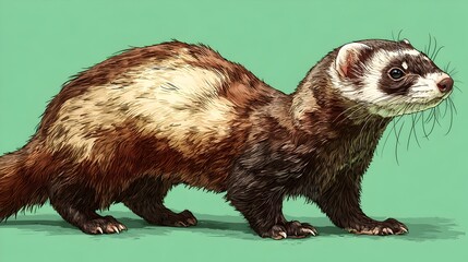A detailed illustration of a European polecat standing on a mint green background showing its rich brown and cream fur in profile.