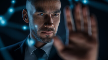Serious businessman interacting with futuristic digital network using hand gesture.
