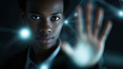 Focused businesswoman interacting with illuminated digital data grid using hand gesture.
