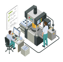 Isometric illustration of factory production process with engineers using machinery and computer systems