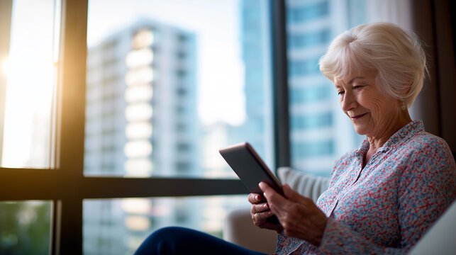 Smiling senior woman sitting by the window using a tablet device in a modern apartment during sunset.