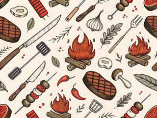 Vintage BBQ Tools & Meat Seamless Pattern