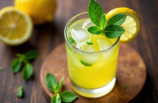 glass of lemonade with condensation and scattered mint leaves on wooden table, top view, soft shadows