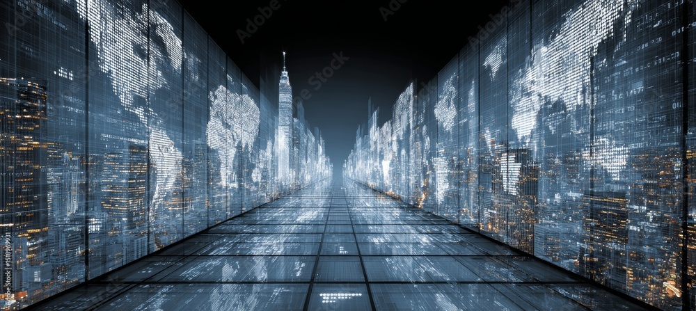 Poster Digital world map tunnel. Global internet network telecom and communication. Generative AI technology.