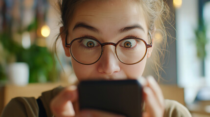 Excited young woman reacting with amazement while looking at her smartphone.
