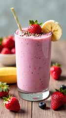 clean flat lay of smoothie ingredients: banana, berries, yogurt, chia seeds on light background, pastel tones