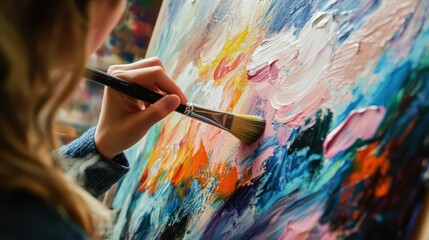 Woman Painting Abstract Artwork Colorful Canvas