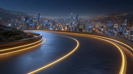 Obraz premium Futuristic City Nightscape Glowing Road Modern Architecture Scenic View