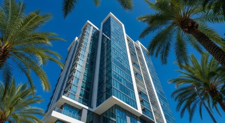 Modern condominium building with glass facade, palm trees, clear blue background, taken from low angle