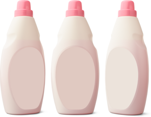 set of household plastic bottles with pink cap and blank label isolated white background, liquid detergent or soap, bathroom cleaner, laundry bleach or stain remover in different angles