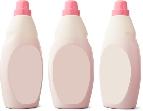 set of household plastic bottles with pink cap and blank label isolated white background, liquid detergent or soap, bathroom cleaner, laundry bleach or stain remover in different angles