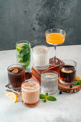 A set of Various alcoholic cocktails with rum and whiskey and Co