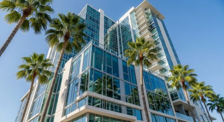Modern condominium building with glass facade, palm trees, clear blue background, taken from low angle