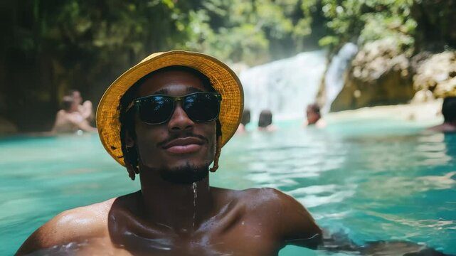 Refreshing day at Dunns River Falls in Jamaica with friends enjoying the turquoise waters, The Dunn's River Falls in Jamaica