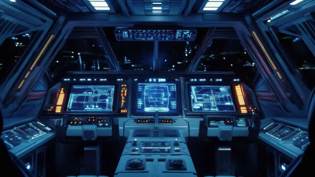 Advanced spaceship cockpit showcasing futuristic technology in a deep space setting, spaceship cockpit interior, technology future futuristic