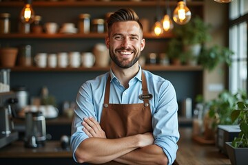 Friendly Barista in Cozy Coffee Shop Interior