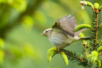 willow warbler takes off from a spruce twig. Phylloscopus trochilus. Wildlife scene fron nature. Song bird in the spring