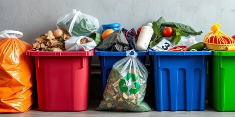 Organic waste sorted into separate containers for recycling, reducing pollution  Bags and bins are shown,  earth day,  organic waste