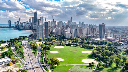 Chicago skyline aerial drone view from above, city of Chicago downtown skyscrapers cityscape bird's view from park, Illinois, USA