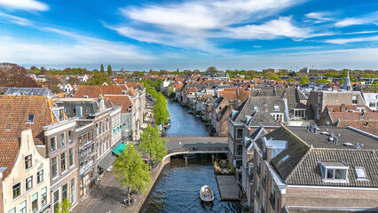 Leiden town aerial drone view from above, typical Dutch city skyline with canals and houses, Leiden architecture, South Holland, the Netherlands