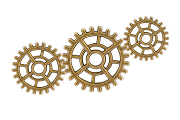 Gear and cogs wheels isolated on a white background, clock mechanism, brass metal engine industrial.