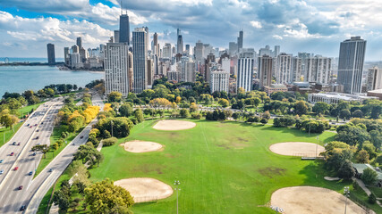 Chicago skyline aerial drone view from above, city of Chicago downtown skyscrapers cityscape bird's view from park, Illinois, USA