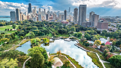 Chicago skyline aerial drone view from above, city of Chicago downtown skyscrapers cityscape bird's view from park, Illinois, USA