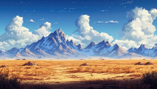 Vast, golden plains stretching towards snow-capped mountain range under a vibrant blue sky