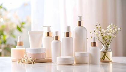 Luxury Skincare Products: A serene arrangement of skincare bottles and jars, enhancing the beauty and elegance of your bathroom routine.