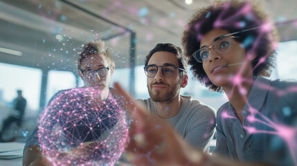 Team of young professionals interacting with a glowing digital globe interface in a futuristic office.
