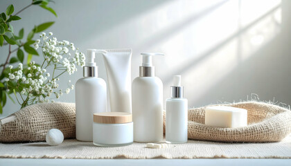 Serene Skincare Collection: Luxurious White Bottles and Natural Elements