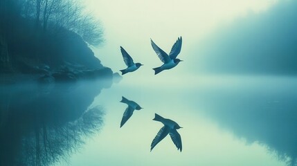 Fototapeta premium Serene Birds in Flight Over Misty Water Reflection