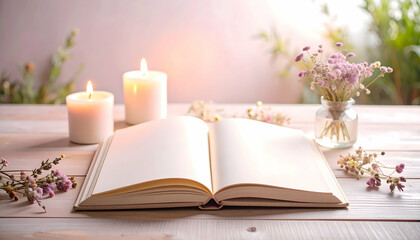 Serene Still Life: Open Book, Candles, and Flowers
