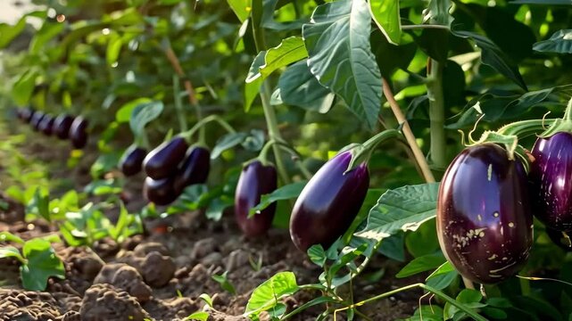 A bountiful eggplant harvest on an open plantation under warm summer sunlight. The vibrant purple eggplants stand out against the lush green leaves, creating a picturesque farm scene.