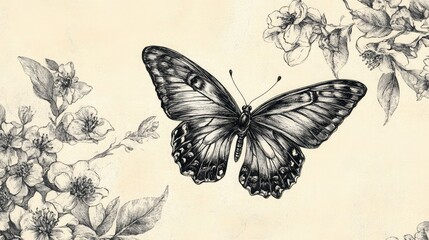 Elegant Vintage Butterfly Illustration on Flower &ndash; Botanical Art, Monochrome Nature Sketch, Intricate Design