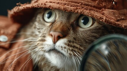 Curious Grey Cat Detective with Magnifying Glass  Cinematic Studio Shot