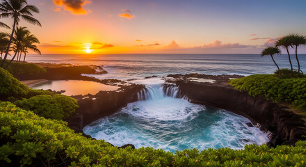 Vibrant Hawaiian Sunset: Ocean Waves Crashing on Volcanic Rock