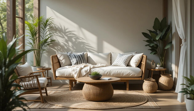 The texture of the wicker, wood, and jute rug adds depth and tactility to the scene, while the soft light and gentle shadows create a sense of warmth