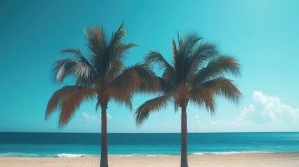 Tranquil Beach Scene with Two Palm Trees Under a Blue Sky
